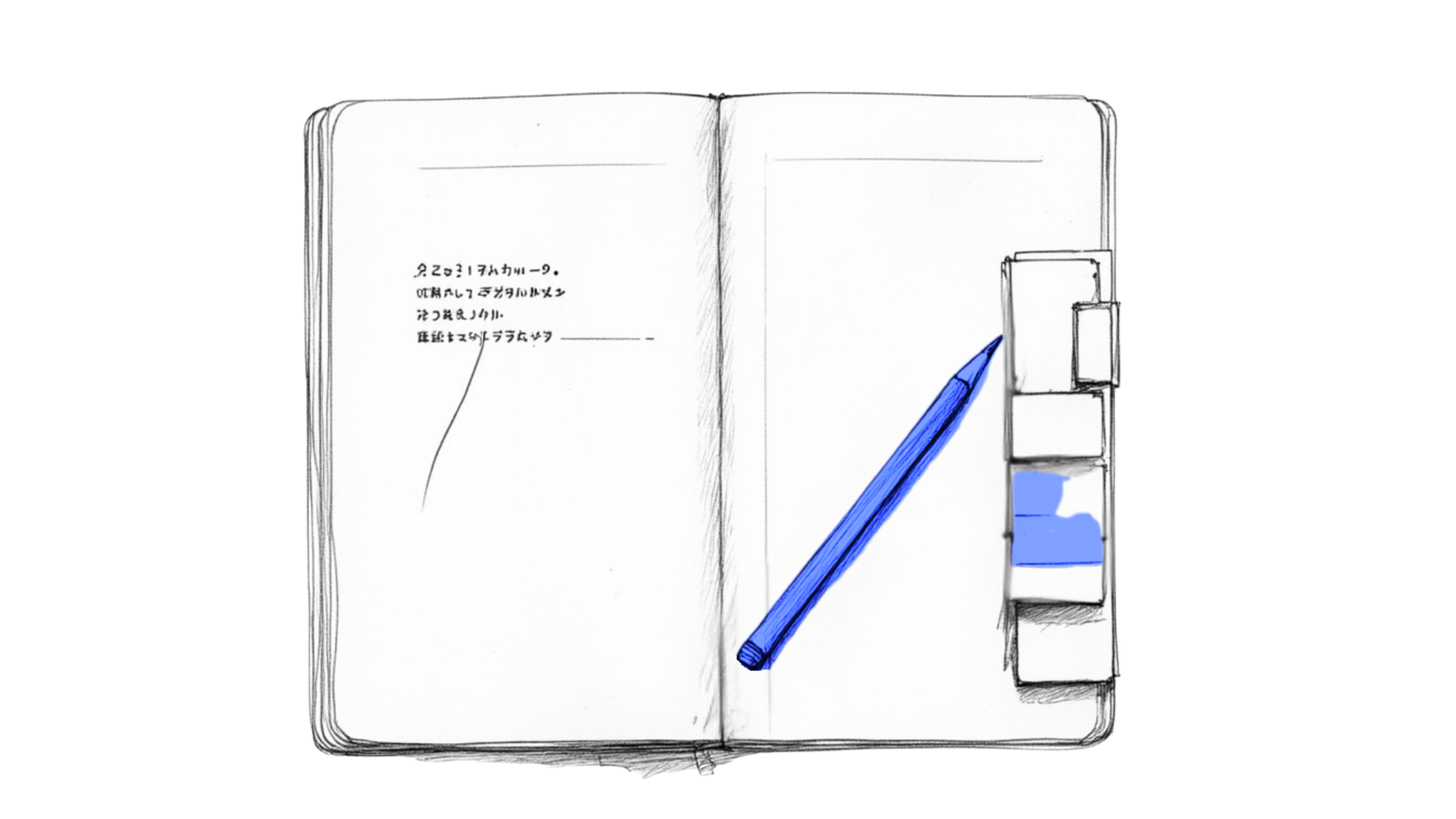 An open notebook with pencil and side tabs — a space for reflections, notes, and small pieces of your story shared back.
