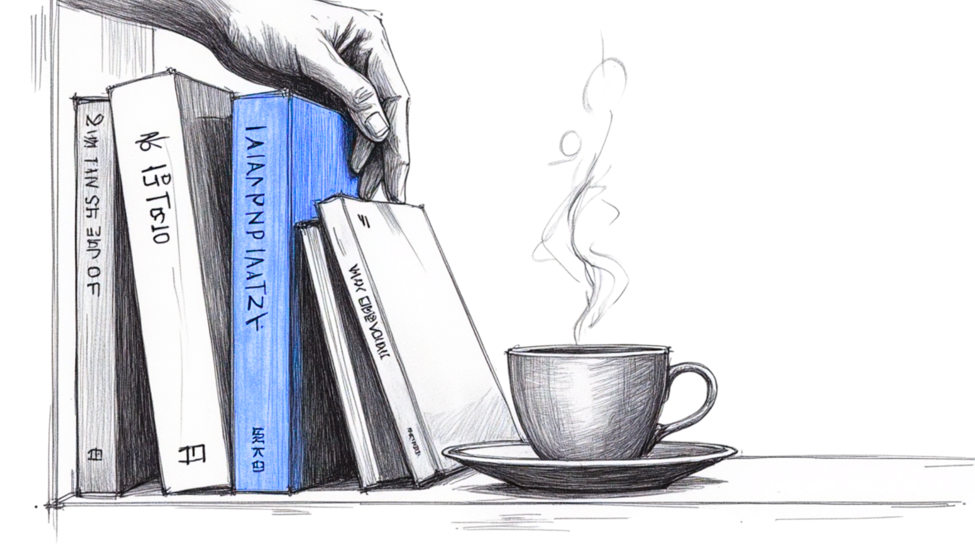A hand slides a blue-spined book beside a steaming cup of tea — a quiet ritual of choosing what your heart needs today.