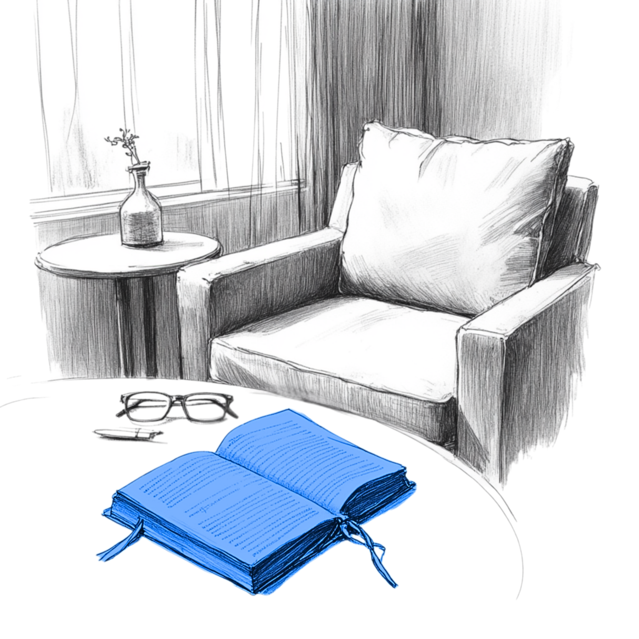 A soft reading chair, two mugs, and an open book — your daily retreat for slowing down, thinking, and feeling restored.