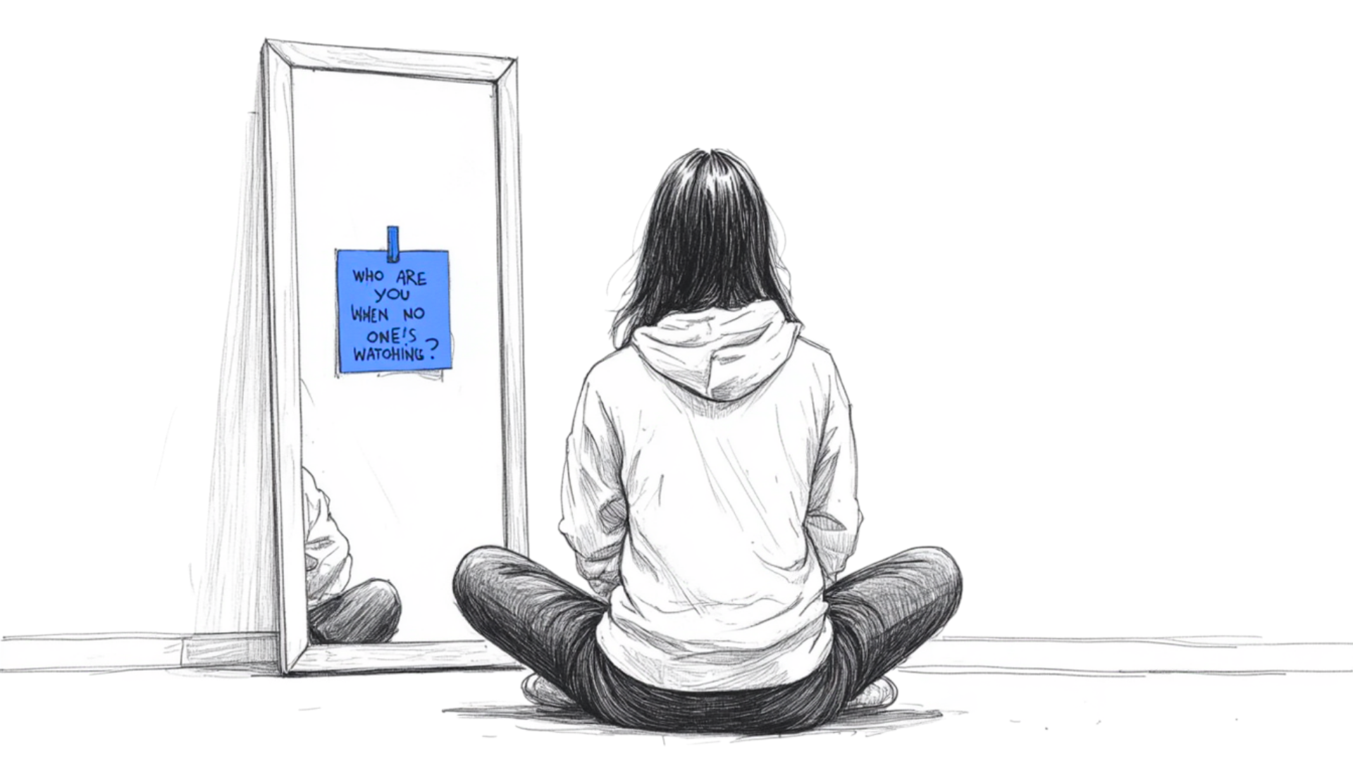 Lost in her own world, a young woman sits against a towering bookshelf, absorbed in a bold blue book that invites her to define her own story.