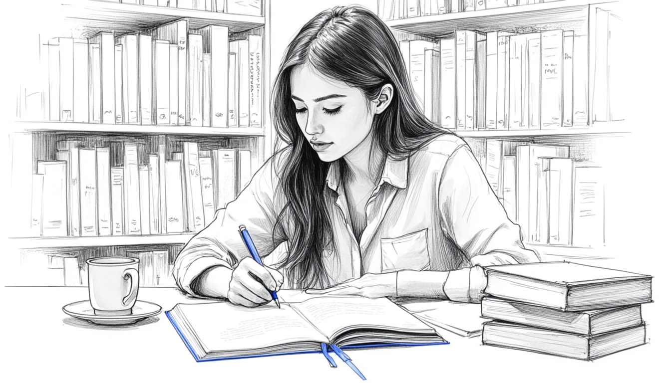 In a library of voices, she writes her own — notebook open, coffee beside her, every word a step toward her Final Say.