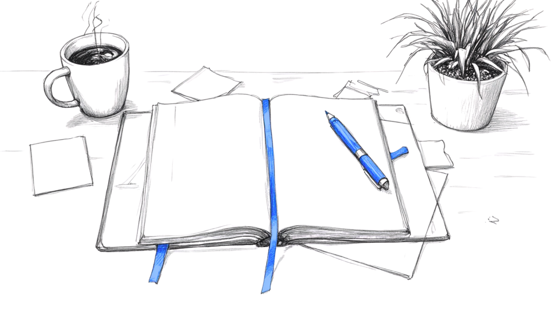 An open notebook rests between coffee and calm, blue ribbon marking the page where your story begins.