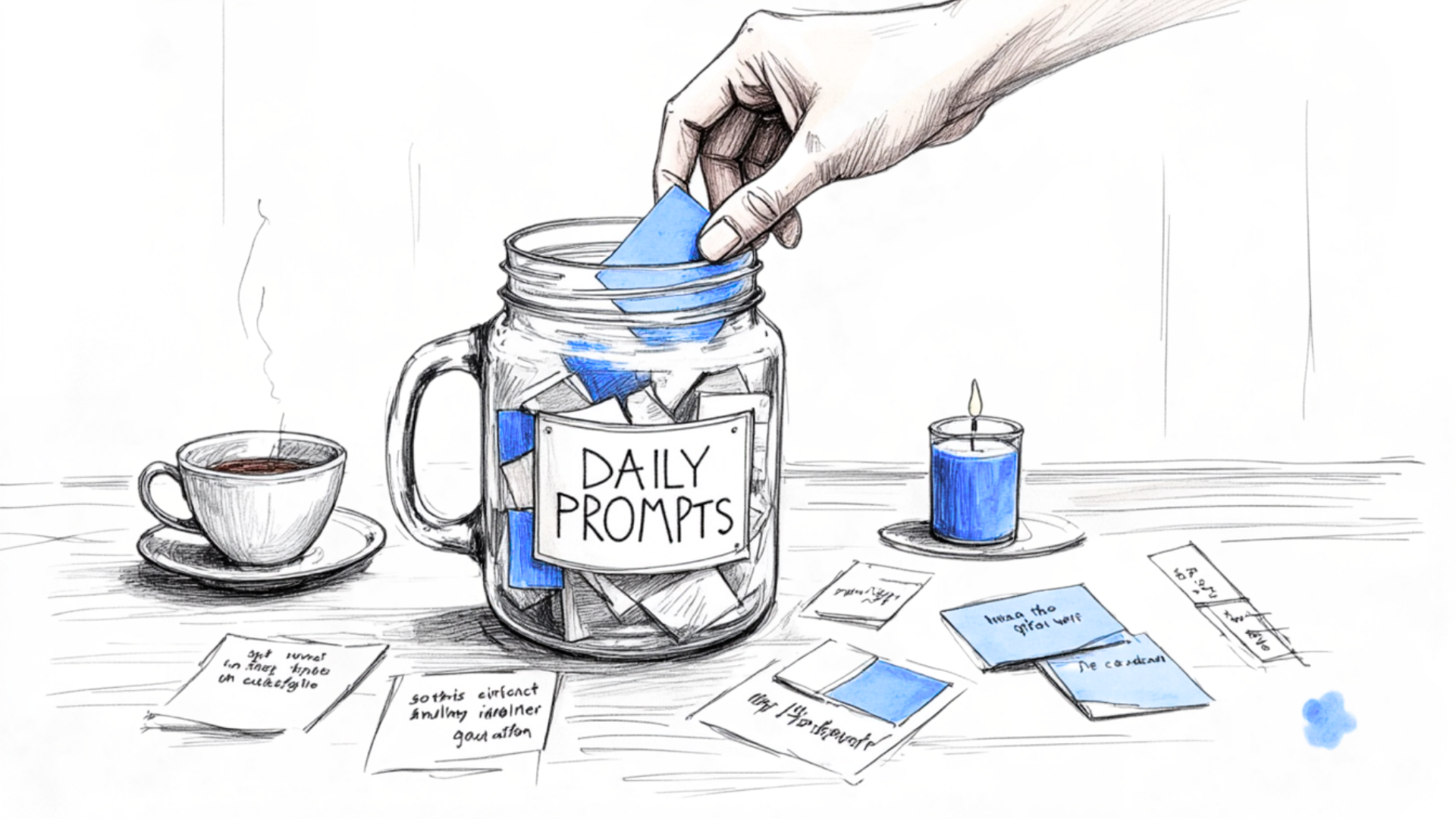 Daily prompts waiting in a jar — small blue slips of courage that spark big truths when you’re ready to write them down.