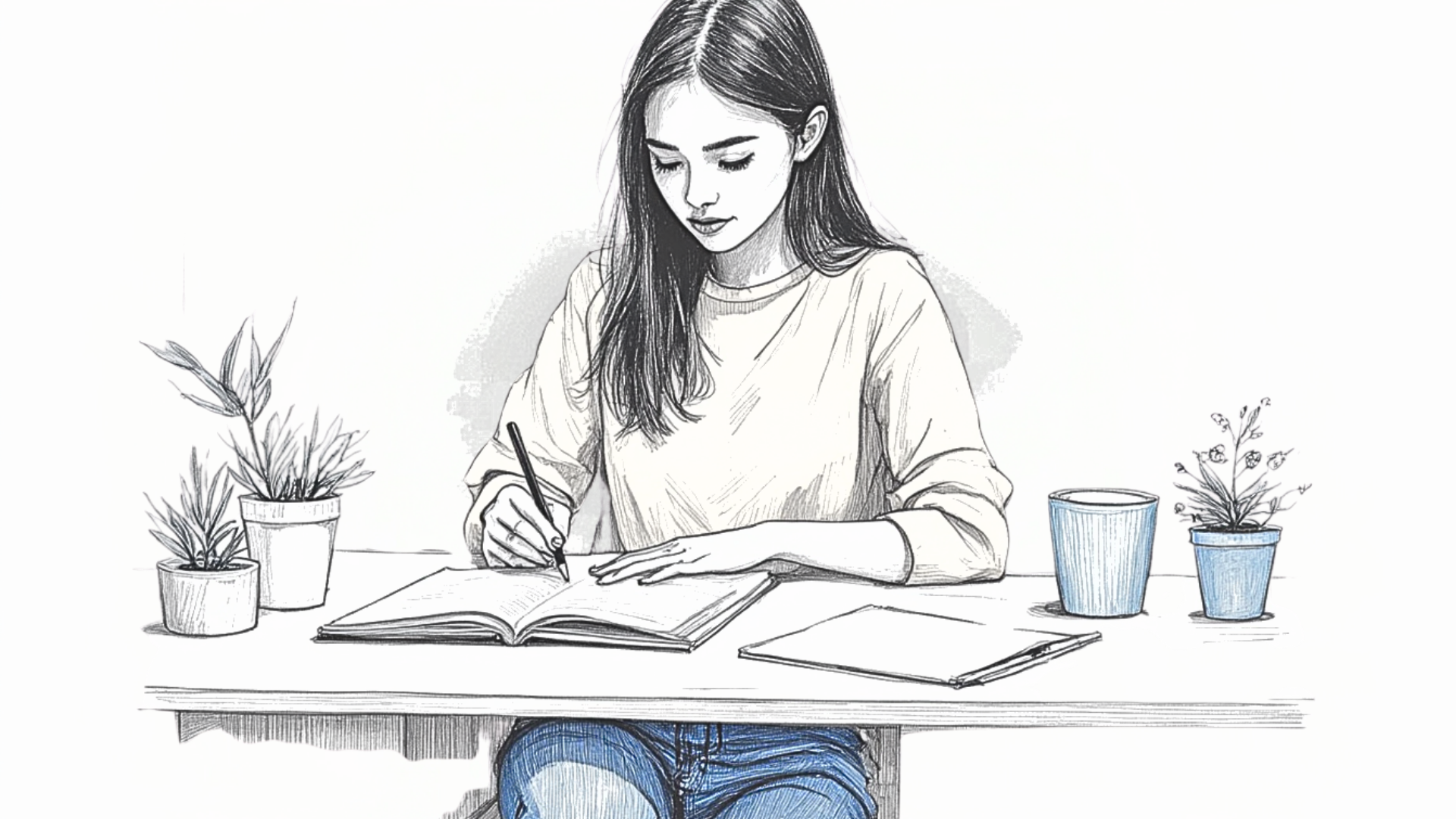 A quiet desk scene where she writes in peace, blue accents grounding her thoughts as she shapes her own narrative.