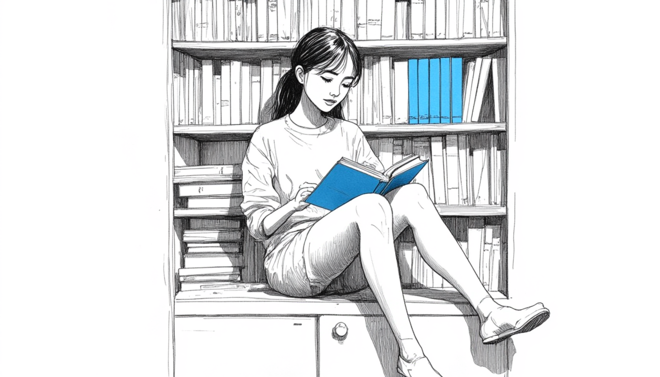 Lost in her own world, a young woman sits against a towering bookshelf, absorbed in a bold blue book that invites her to define her own story.