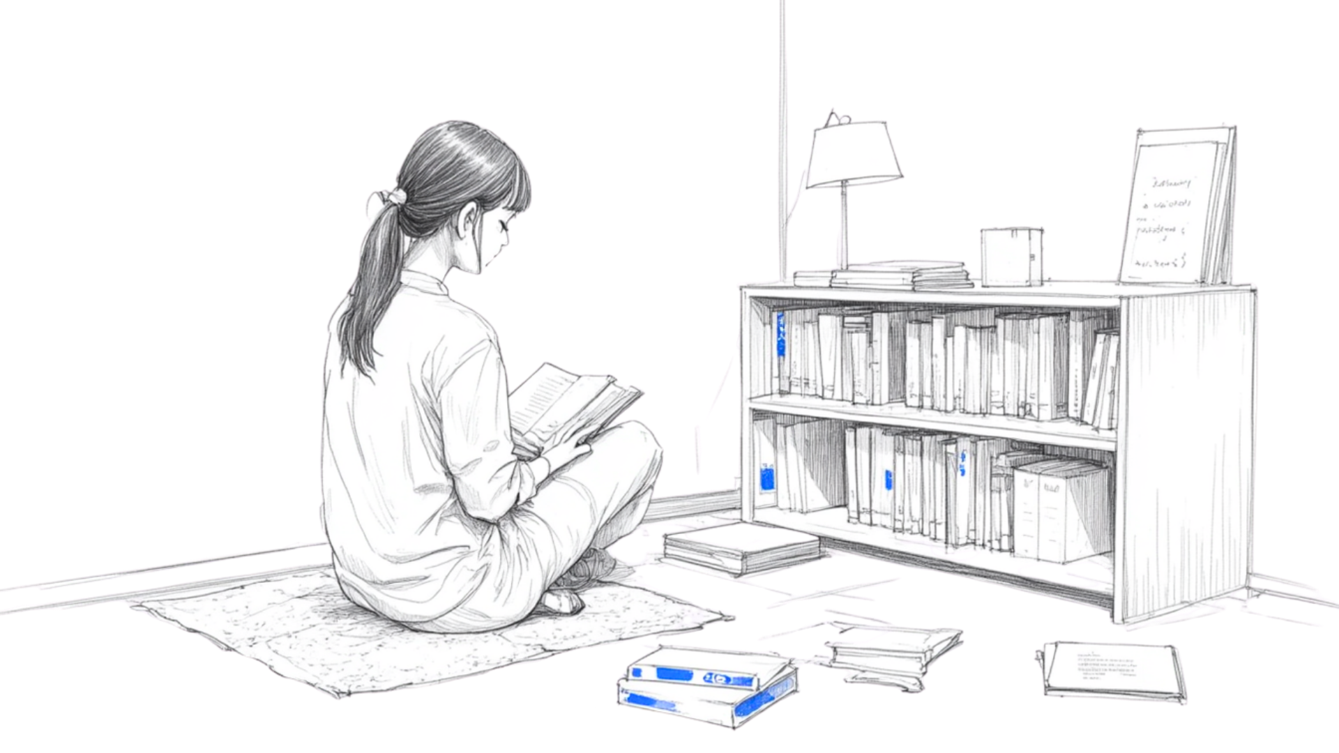 A woman sits cross-legged on a rug, reading a book beside a low bookshelf filled with neatly arranged books and scattered stacks on the floor.