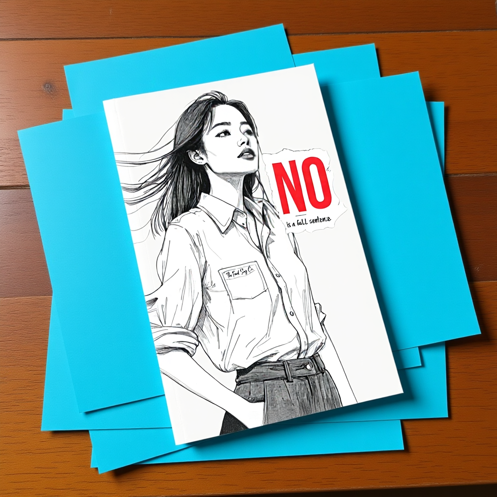 Zine 1.1 “No Is a Full Sentence” zine on blue paper sheets, minimalist top view evoking clarity and focus.