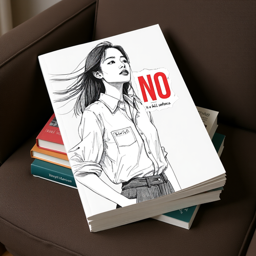 Zine 1.1 “No Is a Full Sentence” zine resting on stacked books in warm lighting — calm confidence captured in print.