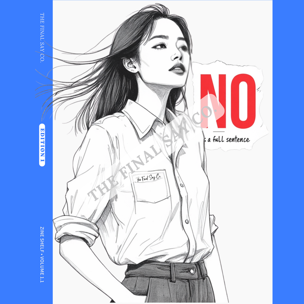Zine 1.1 “No Is a Full Sentence” zine cover by The Final Say Co.- Illustrated woman in button-down shirt standing tall against a blue backdrop. 