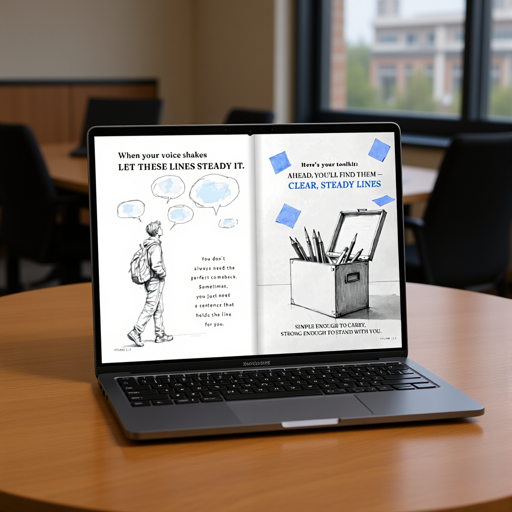 Zine 1.2 Lines That Save Your Sanity” zine - Open laptop showing illustrated zine pages with calm blue notes — gentle guidance for overwhelmed minds.