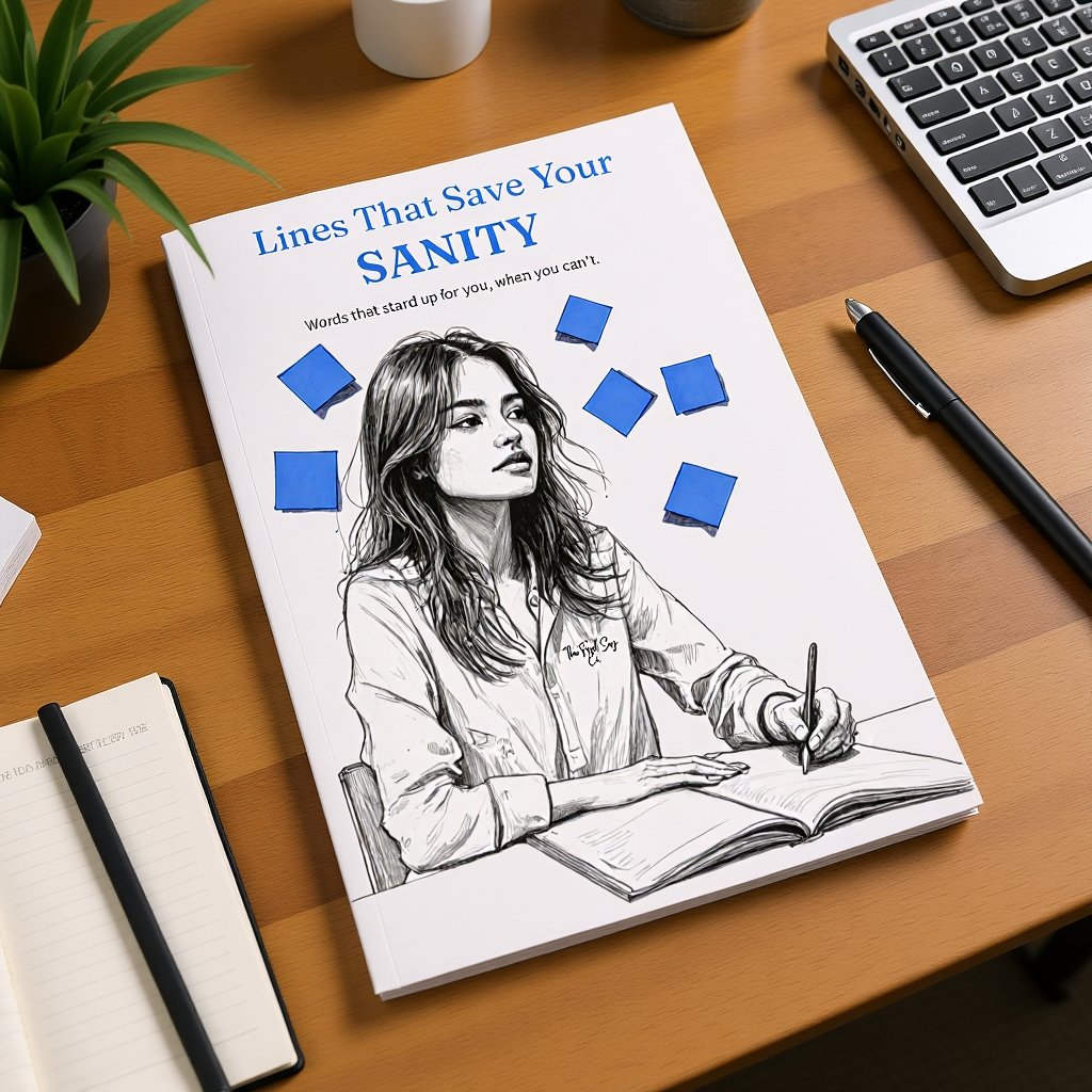 Zine 1.2 “Lines That Save Your Sanity” zine on desk beside notebook and pen — a quiet workspace for steady thoughts.