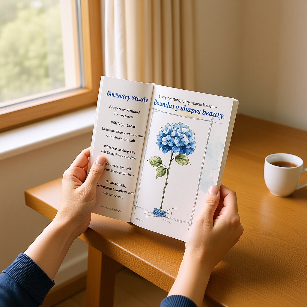 Zine 1.3 “Boundaries Are Beautiful” zine - Hands holding open zine showing blue hydrangea art — a quiet moment of reflection on strength and softness.