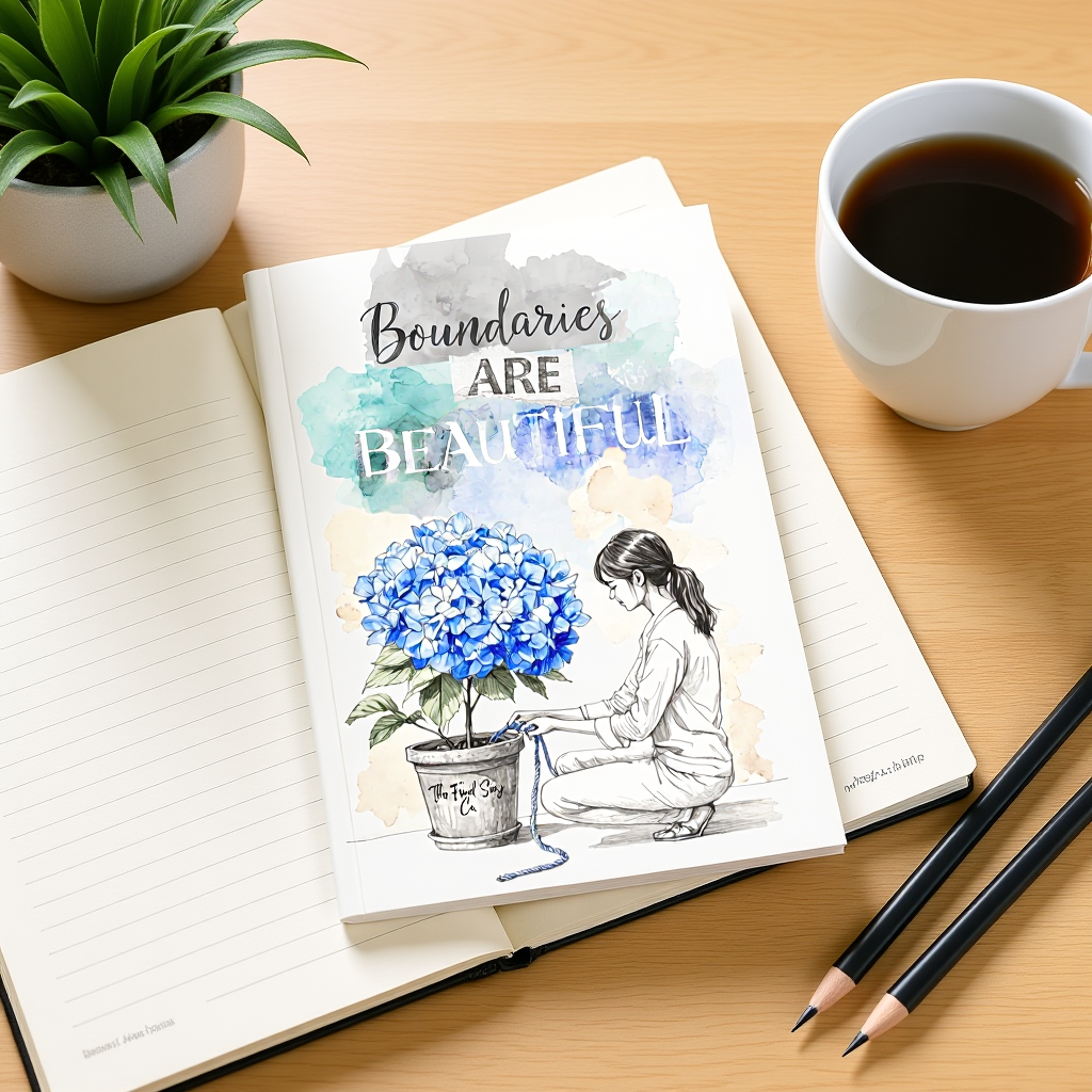 Zine 1.3 “Boundaries Are Beautiful” zine on an open notebook beside coffee — a gentle reminder that calm lines and self-care can coexist beautifully.