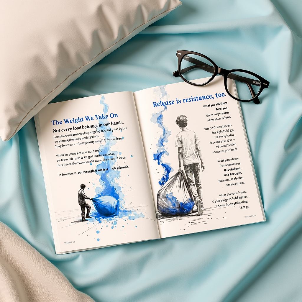 Zine 1.4 “Not Mine to Carry” zine - open spread on soft sheets with glasses nearby — blue water imagery flowing across pages about release and renewal.