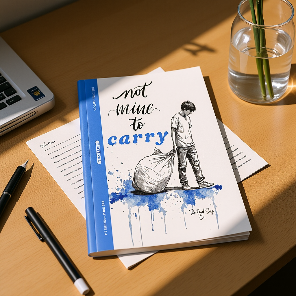 Zine 1.4 “Not Mine to Carry” zine on a sunlit desk beside pen and glass of water — a quiet reminder that letting go brings clarity, calm, and lightness.