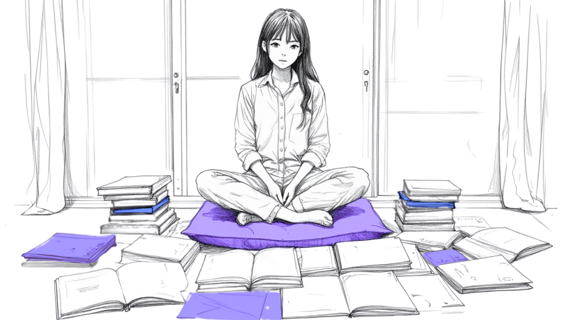 A young woman sits cross-legged among open books, surrounded but unburdened — a soft rebellion that claims space for thought, voice, and stillness.
